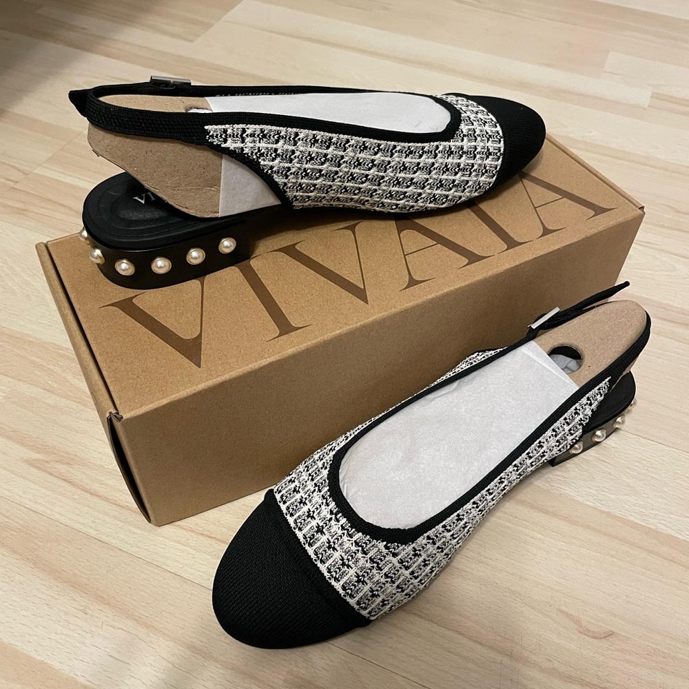 NIB Vivaia 9.5 Bethany Tweed Pearl Slingback Studded Block Ballet Flats EU 41 - Picture 2 of 13